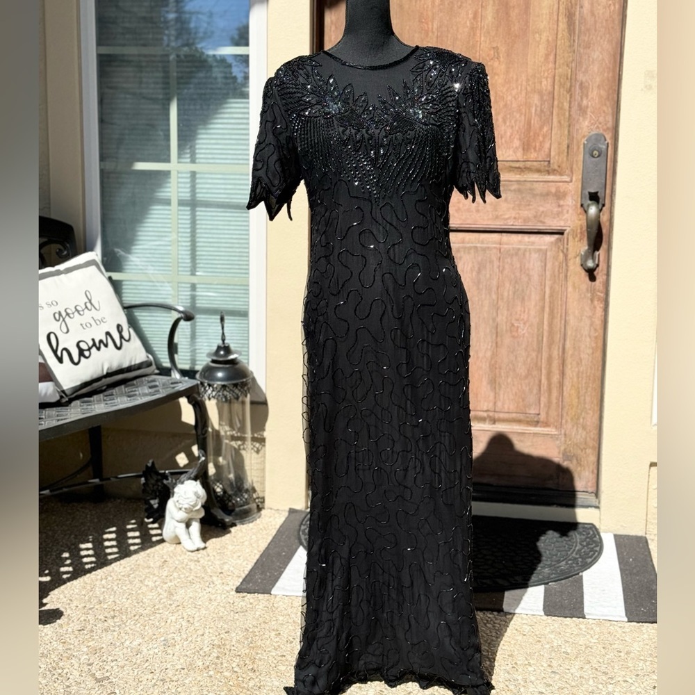 Vintage Lawrence Kazer Silk Black Beaded Gown - Picture 3 of 17